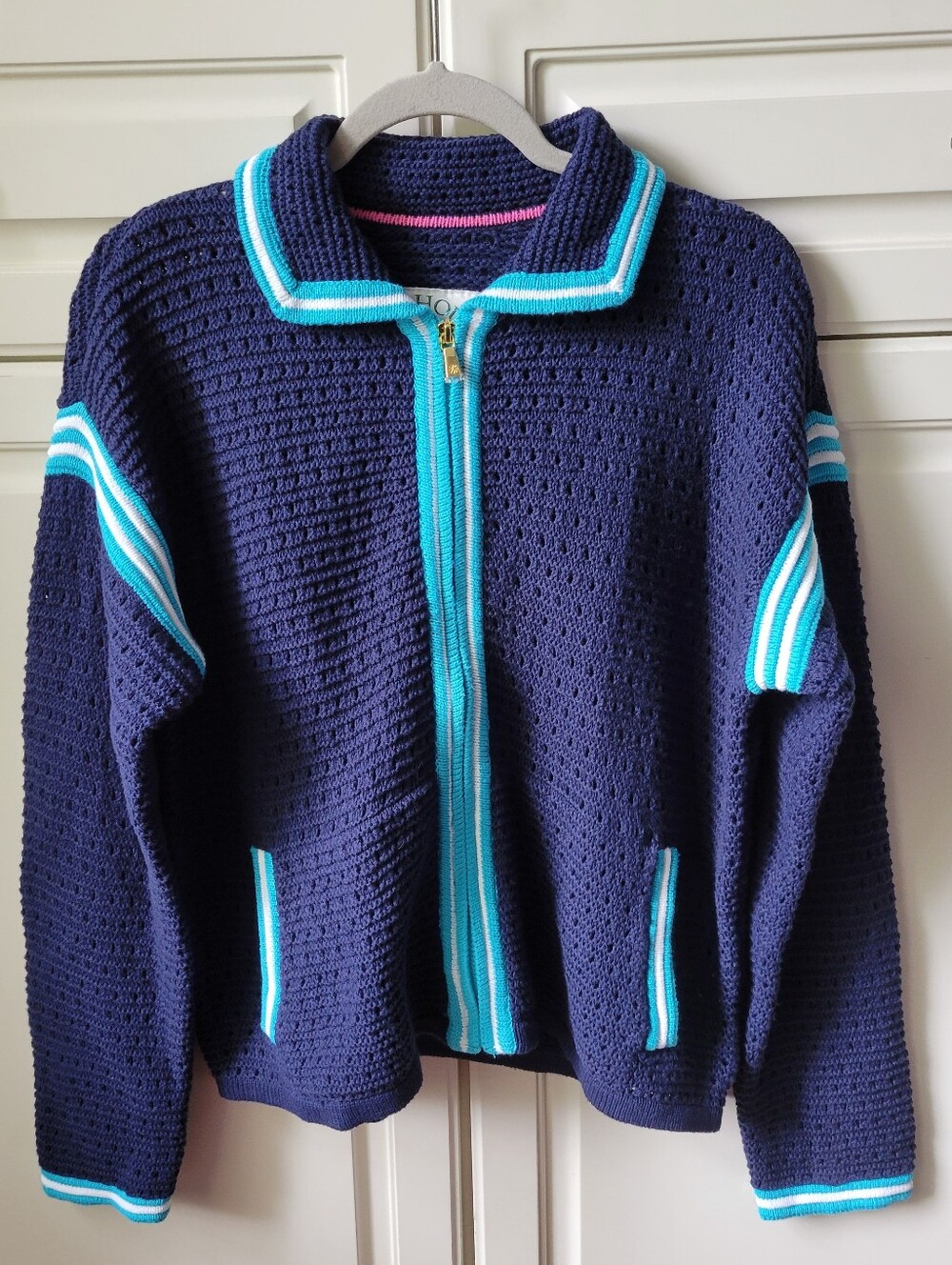 Isaac Mizrahi Clubhouse Crochet Full Zip Sweater Cardigan SZ L grannycore